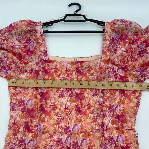 MAISON TARA Dress Size 12 Pink Floral Chiffon Square Neck Midi Maxi Cottage - Picture 8 of 9